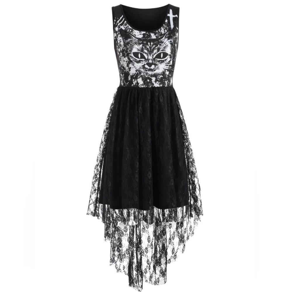 Cat Printed Lace Panel Sleeveless Dress